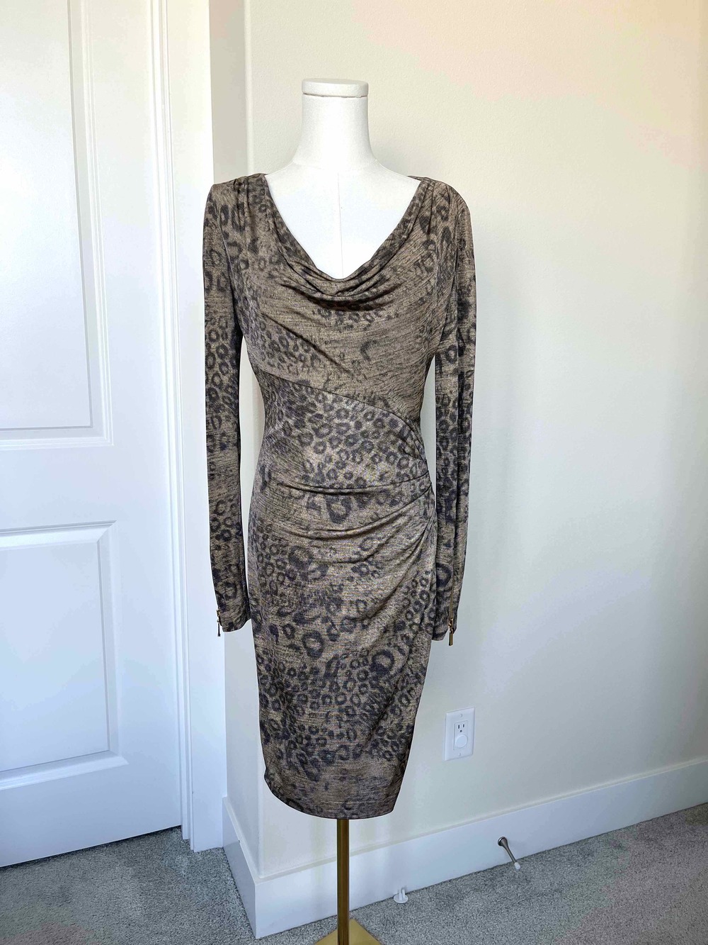 Cache Cheetah Print Ruched Midi Mob Wife Dress Gold Metallic Cowl Neck - Size S